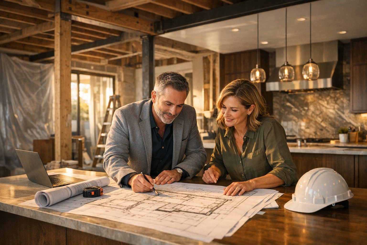Architect and homeowner reviewing renovation blueprints