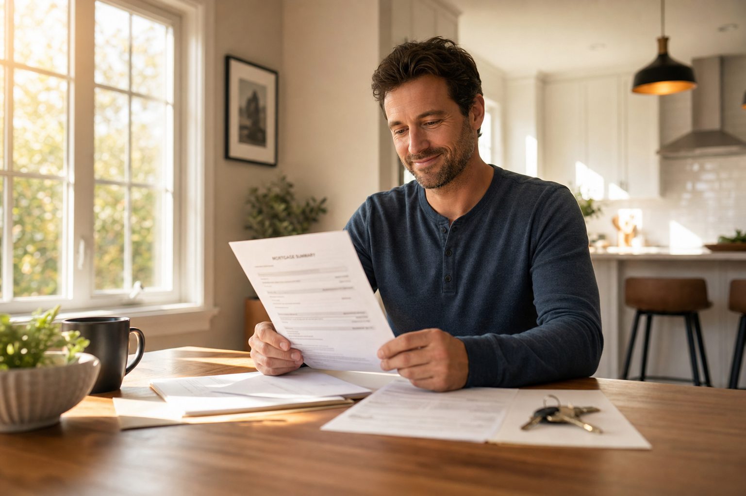 Homeowner reviewing documents with relief, house keys on table